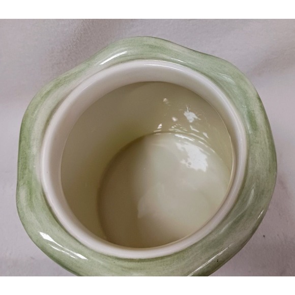 Vntg Hand Painted Ceramic Canister w Lid Butterfly Berries Flowers WHITE GREEN - Picture 13 of 16